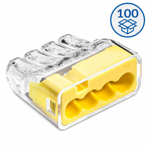 SIMET - SZYBKOZŁĄCZKA SCP4 WTYKOWA DO DRUTÓW 0.75 - 4 mm2 I WIELODRUTÓW 1.5 - 2.5 mm2 4 TORY 32A 450V TRANSPARENTNY ŻÓŁTY SERIA IDEALNA OPAKOWANIE 100 SZT. - 88000004