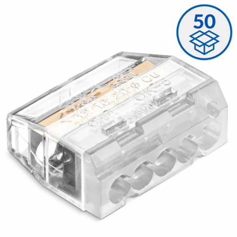 SIMET - SZYBKOZŁĄCZKA SCP5 WTYKOWA DO DRUTÓW 0.75 - 4 mm2 I WIELODRUTÓW 1.5 - 2.5 mm2 5 TORÓW 24A 450V TRANSPARENTNY BIAŁY SERIA IDEALNA OPAKOWANIE 50 SZT. - 88000002