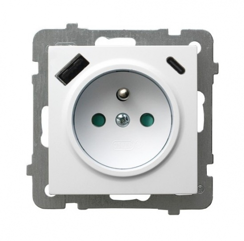 OSPEL - Gniazdo pojedyncze z uziemieniem z przesłonami torów prądowych, z ładowarką USB A+C GP-1GZPUSBAC/m/00 - GP-1GZPUSBAC/m/00