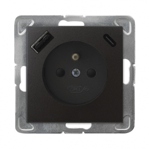 OSPEL - Gniazdo pojedyncze z uziemieniem z przesłonami torów prądowych, z ładowarką USB A+C GP-1YZPUSBAC/m/50 - GP-1YZPUSBAC/m/50