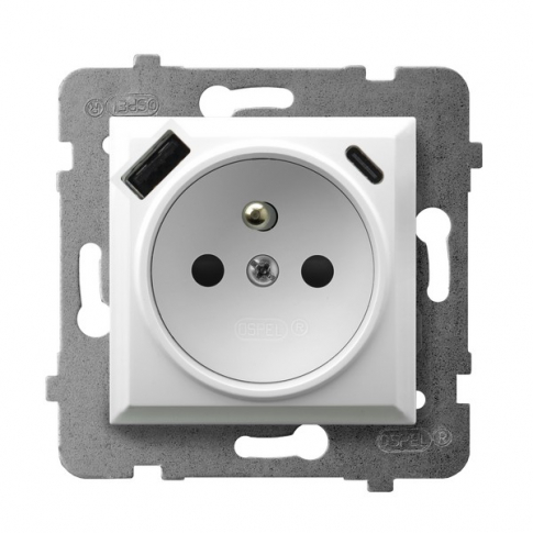 OSPEL - Gniazdo pojedyncze z uziemieniem z przesłonami torów prądowych, z ładowarką USB A+C GP-1UZPUSBAC/m/00 - GP-1UZPUSBAC/m/00