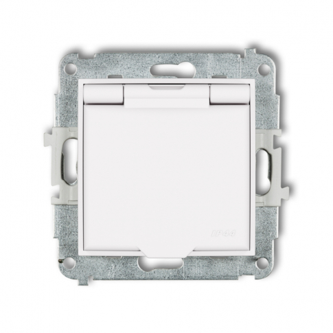 KARLIK - Mechanizm gniazda bryzgoszczelnego z uziemieniem 2P+Z (klapka biały mat, przesłony torów prądowych) podtynkowy IP 44, 16A 250V~ ICON biały mat - 25IGPB-1zp