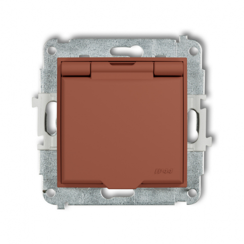 KARLIK - Mechanizm gniazda bryzgoszczelnego z uziemieniem 2P+Z (klapka terakota, przesłony torów prądowych) podtynkowy IP 44, 16A 250V~ ICON terakota - 63IGPB-1zp