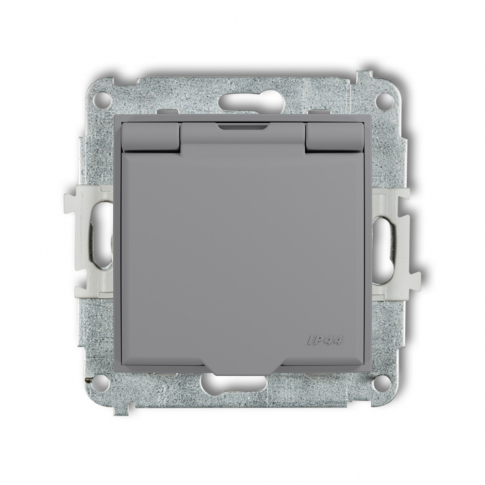 KARLIK - Mechanizm gniazda bryzgoszczelnego z uziemieniem 2P+Z (klapka szary mat, przesłony torów prądowych) podtynkowy IP 44, 16A 250V~ ICON szary mat - 27IGPB-1zp