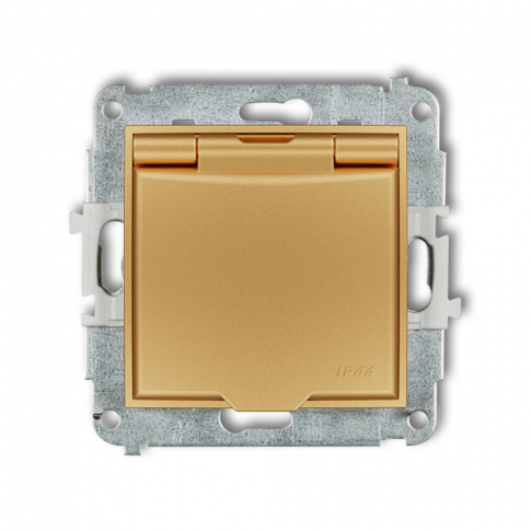 KARLIK - Mechanizm gniazda bryzgoszczelnego z uziemieniem 2P+Z (klapka złota, przesłony torów prądowych) podtynkowy IP 44, 16A 250V~ MINI złoty - 29MGPB-1zp