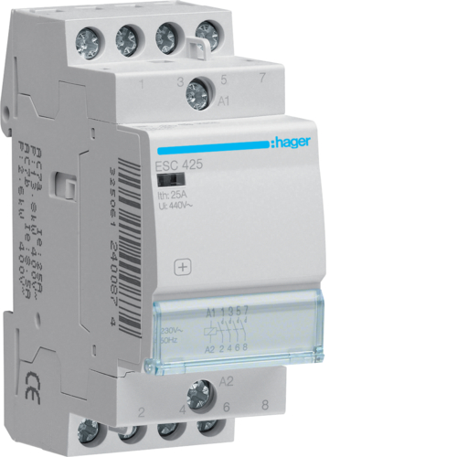 HAGER - STYCZNIK MODUŁOWY 25A AC1 4 BIEGUNY 4NO STEROWANIE 230V AC ESC - ESC425