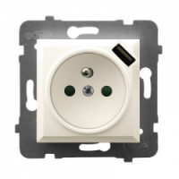 OSPEL - GNIAZDO POJEDYNCZE Z UZIEMIENIEM 2P+Z Z PRZESŁONAMI ZACISKI AUTOMATYCZNE Z ŁADOWARKĄ USB 16A/230 USB 5V/2.1A IP20 ECRU ARIA - GP-1UZPUSB/m/27